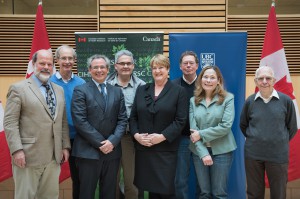 From left to right:  Dr. John Hepburn, Dr. Charles Thompson, Dr. Marc Ouellette, Dr. Horatio Bach, PS McLeod, Dr. Raymond Andersen,  Dr. Natalie Strynadka, Dr. Julian Davies. Photo credit Martin Dee/UBC